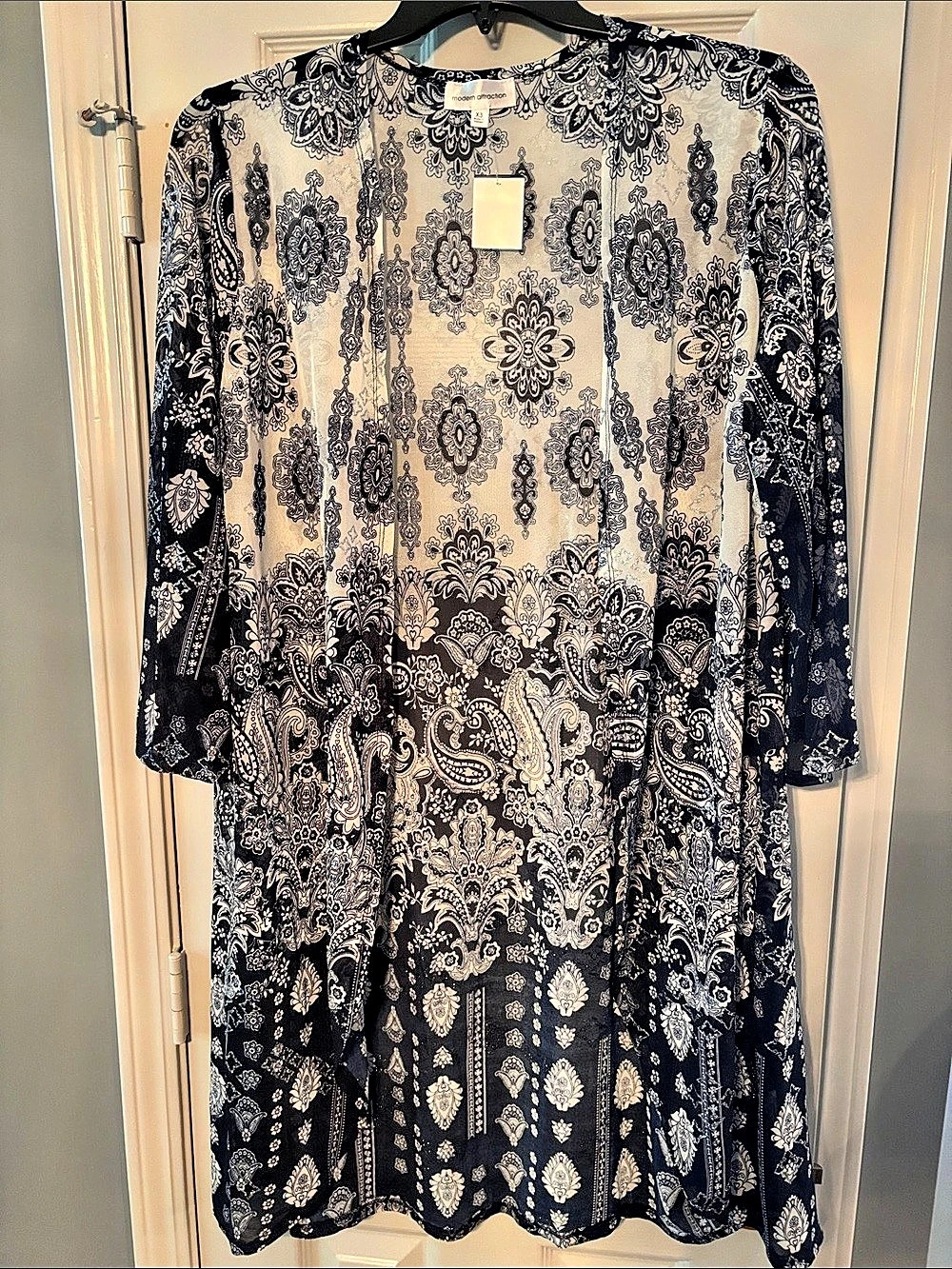 modern attraction Blue & White with Silver Sparkles Maxi Open Duster Blazer NWT
